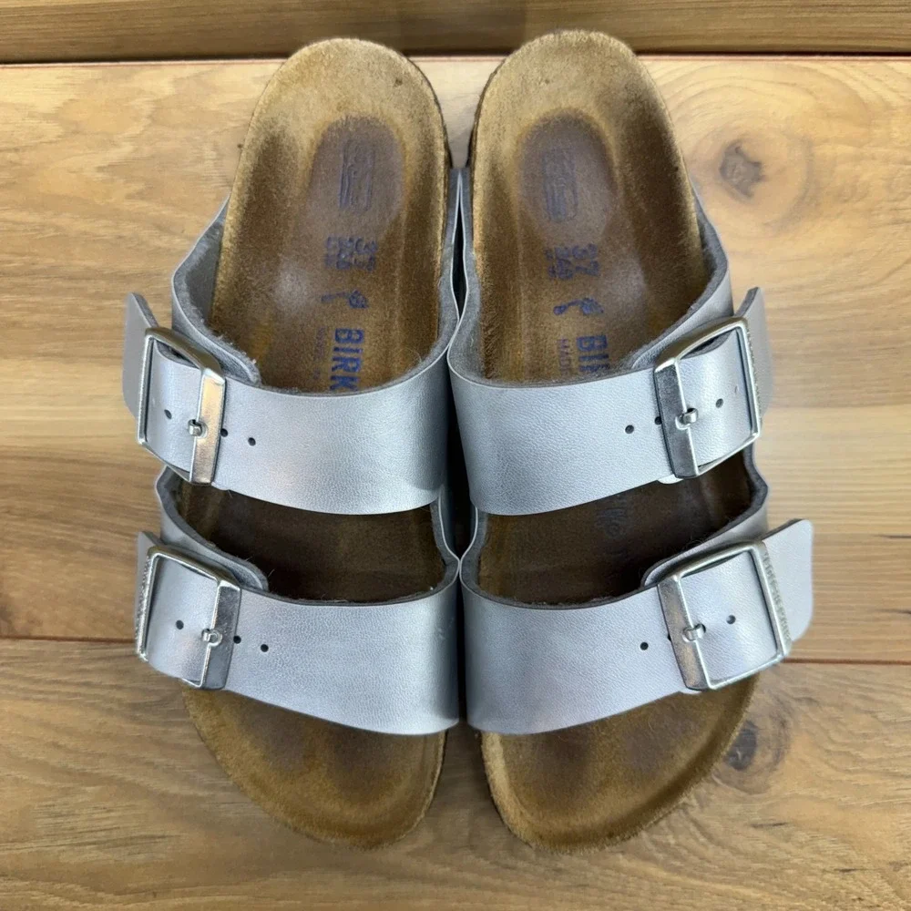 Birkenstock Arizona Soft Footbed Sandal Womens 6 N EU 37 Silver Birko Travel
